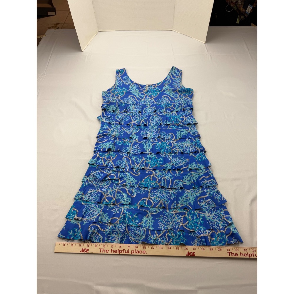 Lulu-B Tiered Ruffle Dress Women Large Blue Coral Rope Print Sleeveless Coastal - Picture 5 of 11